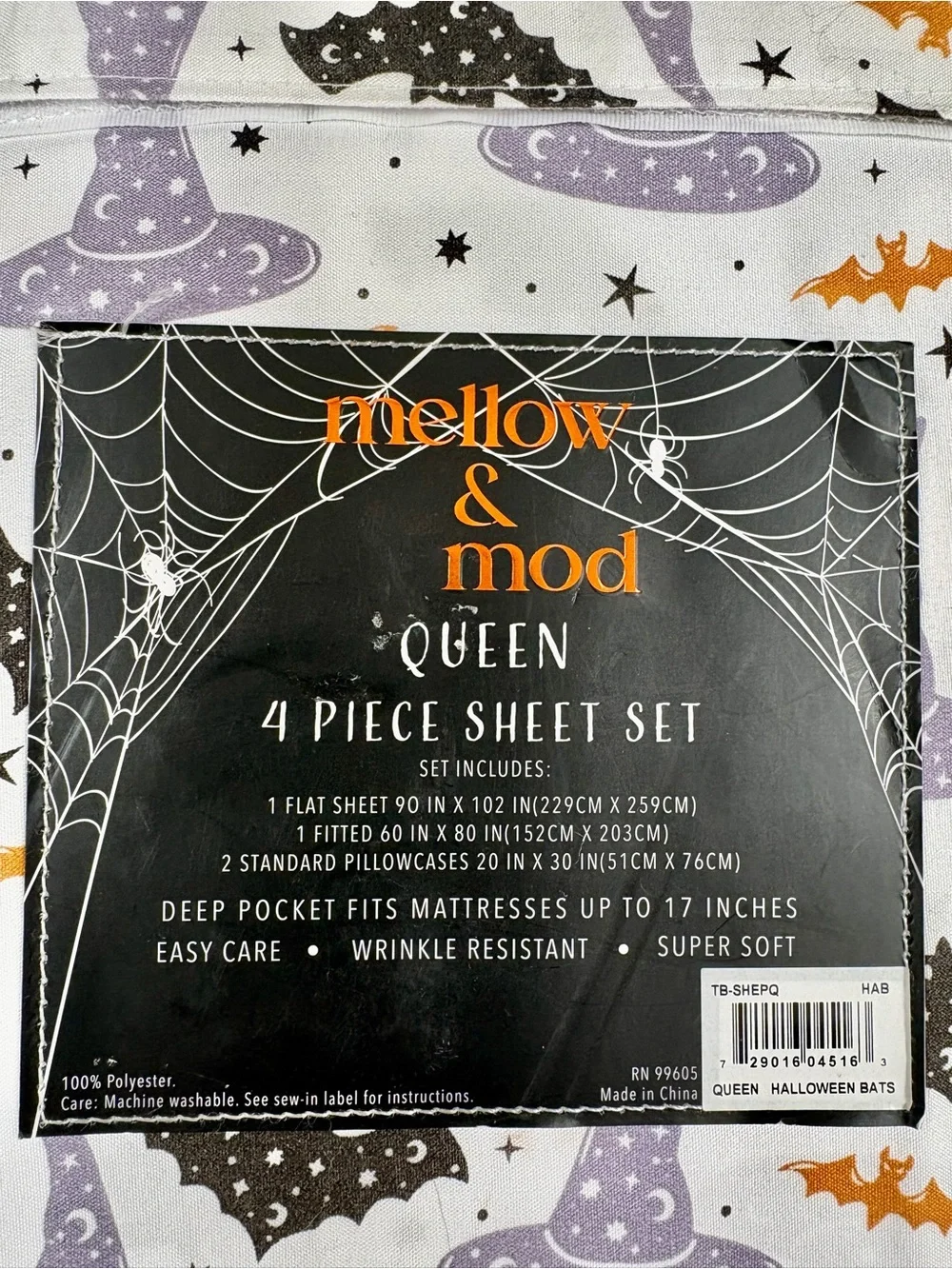 Mellow & Mod Witch Hats & Bats Halloween Queen 4-Piece Sheet Set, NEW